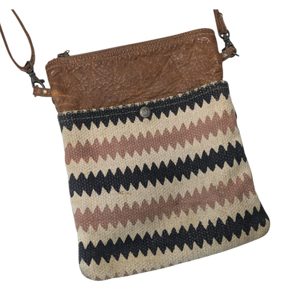 Myra Bag Handbags - Myra Bag Brown Beige Pink Chevron Print Leather Crossbody Bag Western Boho